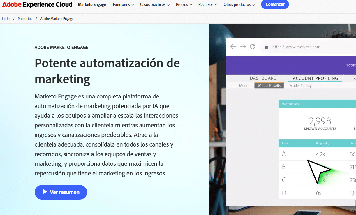 La imagen muestra la interfaz de Adobe Marketo Engage, destacando un texto sobre la "potente automatización de marketing" impulsada por IA. La plataforma está diseñada para ayudar a los equipos a escalar las interacciones personalizadas con clientes, aumentando ingresos y canalizaciones predecibles. 