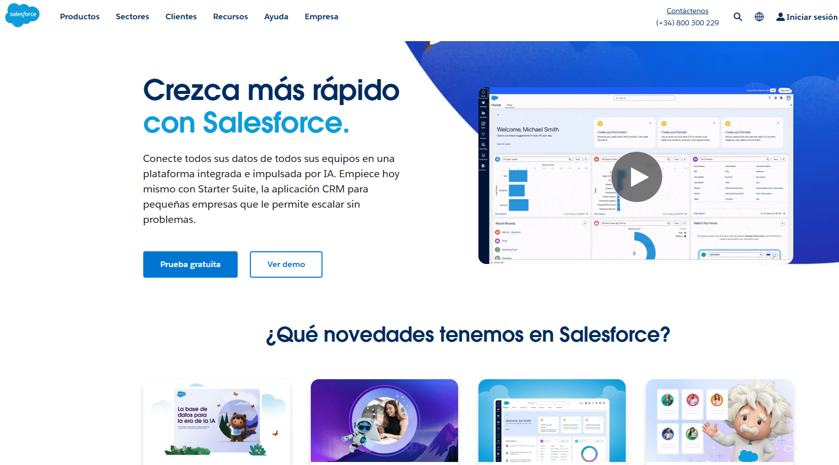 La imagen muestra la página principal de Salesforce, destacando el mensaje "Crecza más rápido con Salesforce". La plataforma está dirigida a conectar datos de equipos en una solución integrada e impulsada por IA, enfocada en ayudar a las pequeñas empresas a escalar sin problemas. 