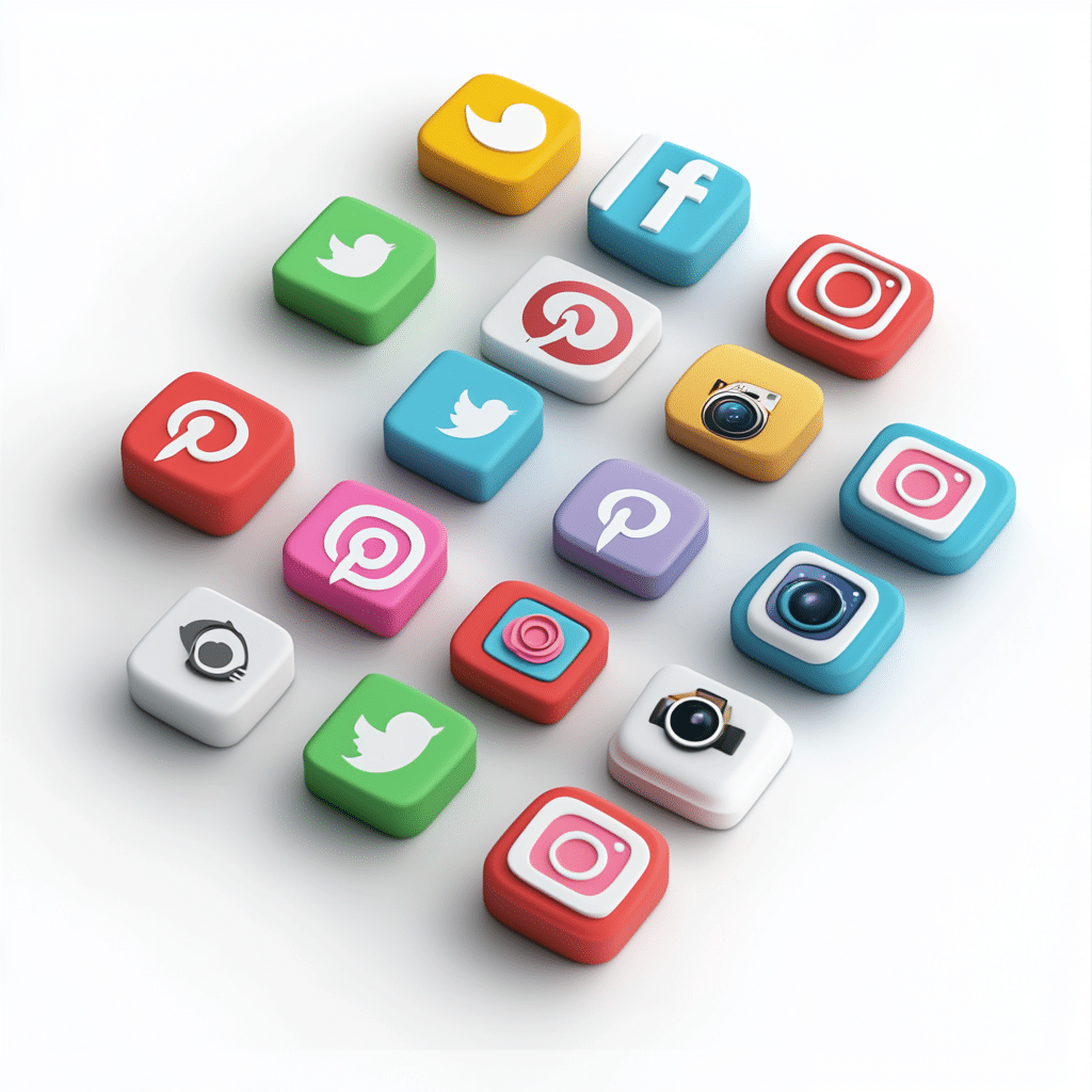 Imagen que muestra varios iconos de redes sociales sobre un fondo blanco. Entre los principales iconos están Pinterest, Facebook, Instagram y Twitter.