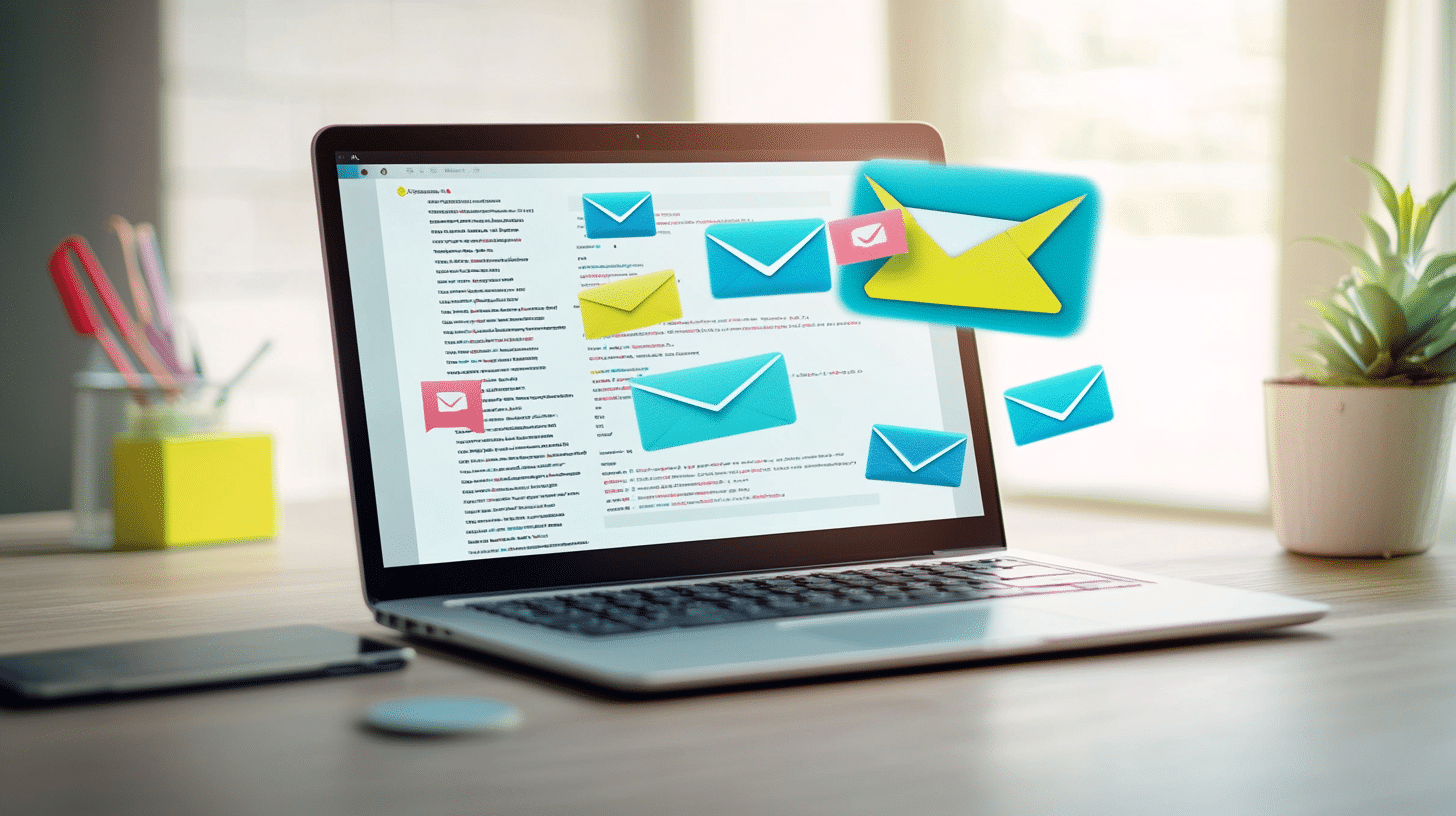 La imagen muestra una escena con un ordenador portátil, en el que se está utilizando una plataforma de marketing por correo electrónico. En la pantalla del portátil, se pueden observar códigos de programación junto con varios íconos flotantes de sobres de colores, que representan correos electrónicos. Esta ilustración hace referencia a un entorno de trabajo donde se están gestionando campañas de email marketing.