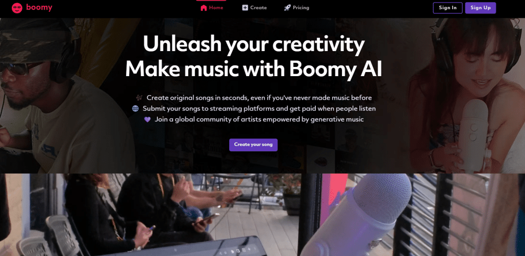 Página principal de Boomy AI, una plataforma para crear música original en segundos, permitiendo a los usuarios enviar sus canciones a plataformas de streaming y recibir pagos. Incluye botones para crear una canción y registrarse.