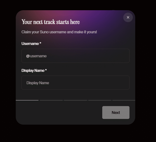 Ventana emergente de SUNO AI para registrar un nombre de usuario y nombre de visualización, con el mensaje 'Your next track starts here' para comenzar a crear música.