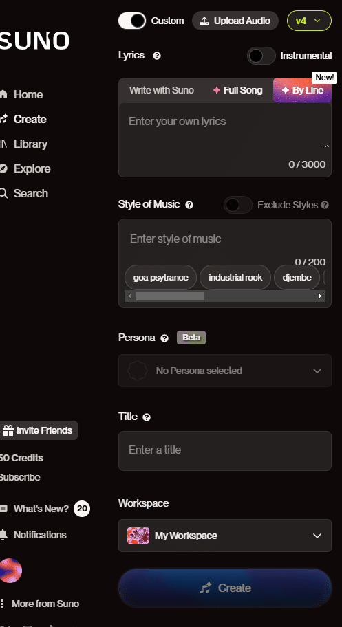 Interfaz de creación de música en SUNO AI, mostrando opciones para ingresar letras personalizadas, seleccionar el estilo musical, definir el título y persona, y crear la canción, junto con un botón para subir audio.